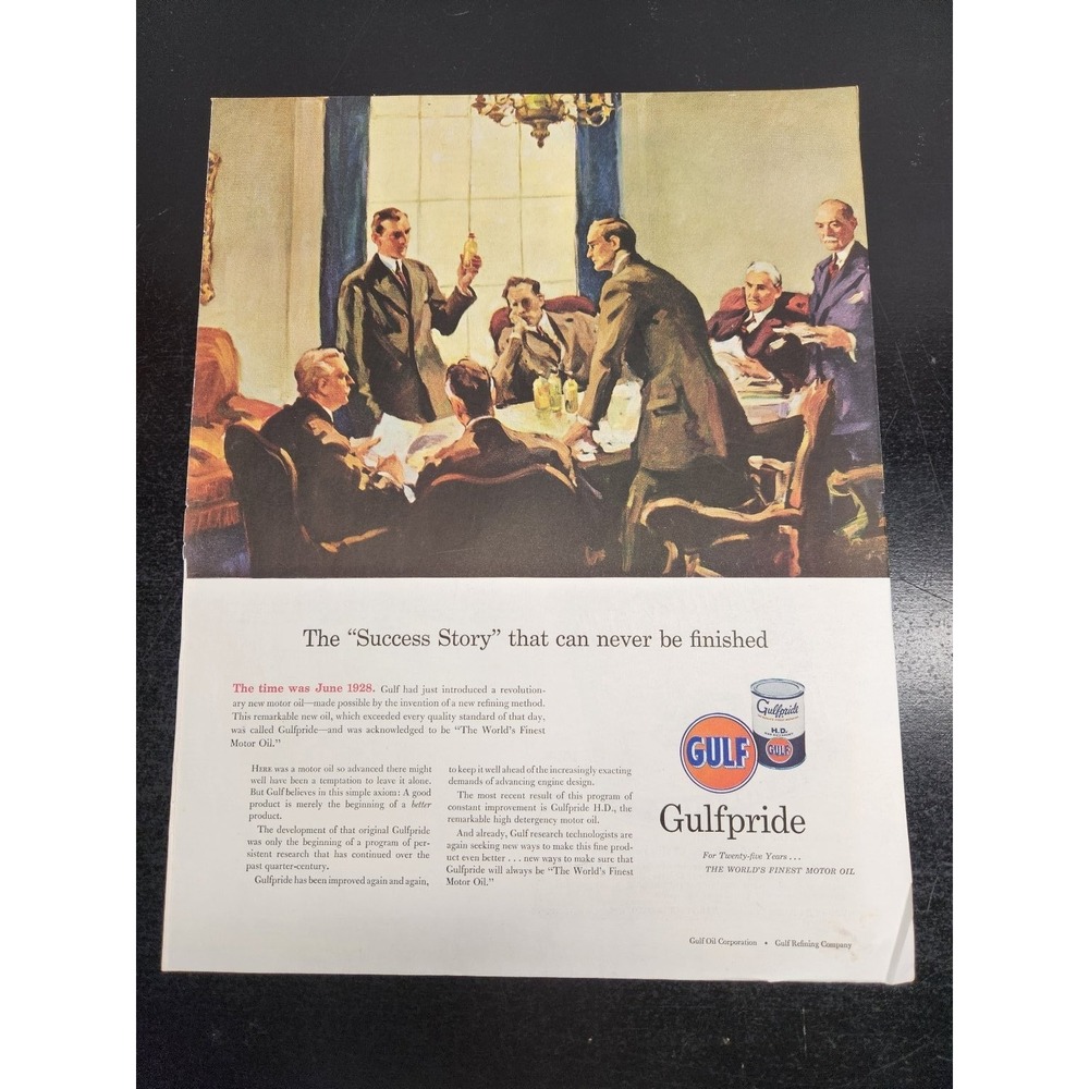 Vintage 1953 Gulfpride Motor Oil Gulf Magazine Ad Gas Station Automobilia Art